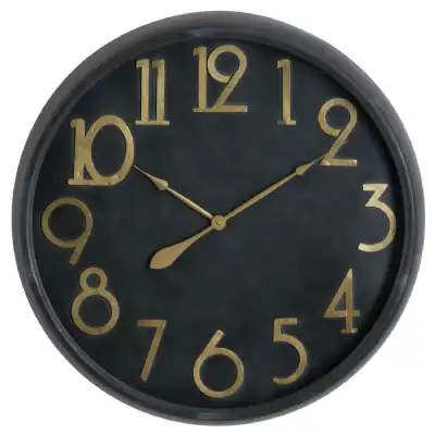 Retro Style Black Finished Soho Brass And Stone Large Round Clock