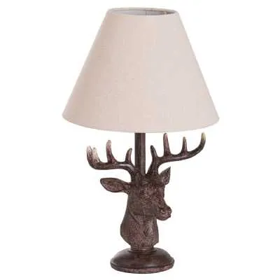 Stag Head Table Lamp With Linen Shade