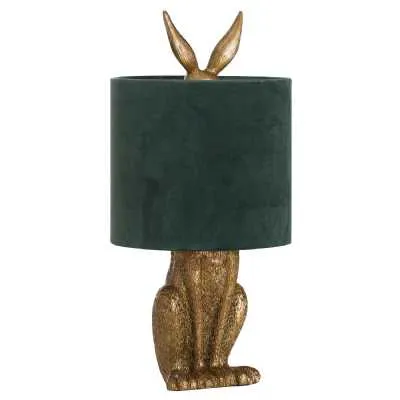 50cm Tall Antique Gold Hare Rabbit Table Lamp With Green Velvet Round Shade