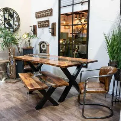 Modern Reclaimed Wood Dining Table Live Edge and Glass River Centre X Leg Frame