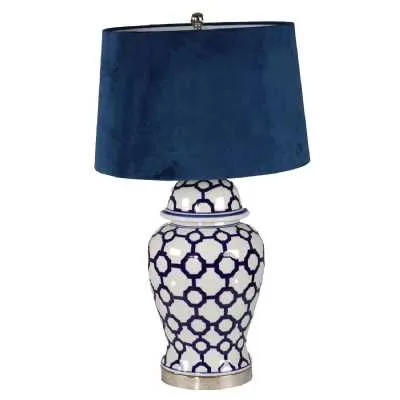 Acanthus Blue And White Ceramic Lamp With Blue Velvet Shade