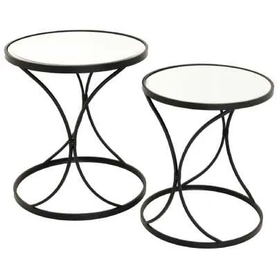 Concaved Set Of Two Black Mirrored Side Tables