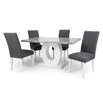 Marble Rectangular Dining Table Set 4 Steel Grey Chairs