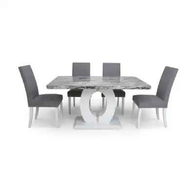 Grey White Marble Top Dining Table Set and 4 Grey Chairs