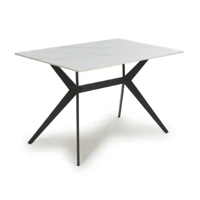 White Sintered Stone 120cm Dining Table Black Metal Frame