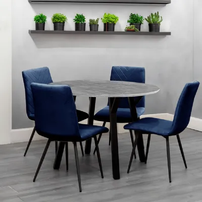 Dining Set 1.1m Concrete Round Table And 4 x Blue Chairs