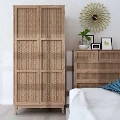 Modern Boho Chic Oak Wood 2 Door Double Wardrobe with Rattan Fronts