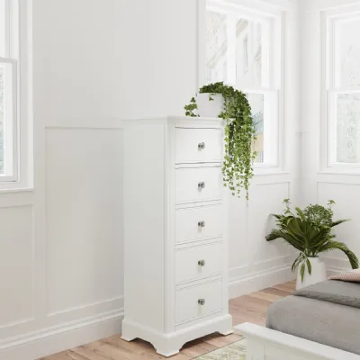 White Painted Narrow Chest of 5 Drawers