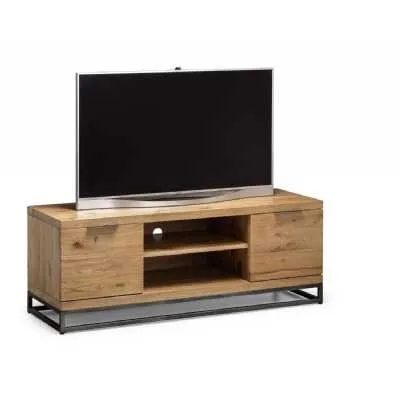 Large Solid Oak 2 Door TV Media Unit Metal Framed Legs Industrial Style