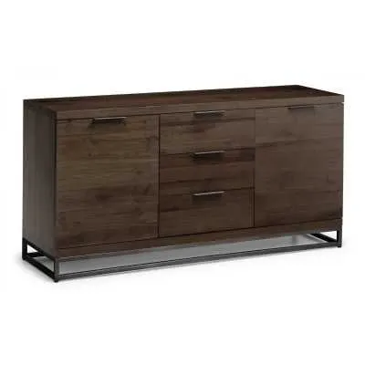 Modern Solid Dark Oak Wide 3 Drawer 2 Door Sideboard Industrial Style Metal Legs