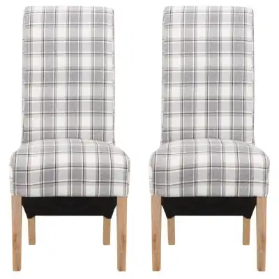 Set of 4 Grey Brown Tartan Checked Fabric Dining Chairs