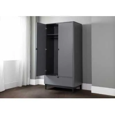 Storm Grey Lacquer Finish 2 Door 1 Drawer Double Wardrobe Modern Retro Design