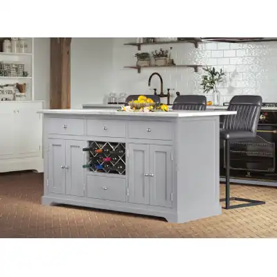 Grey Island with White Granite Worktop Wine Rack and Cupboards