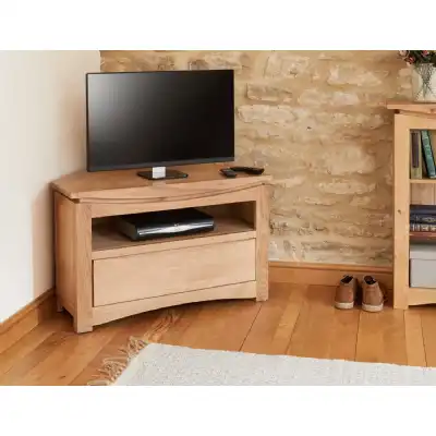 Light Solid Oak Corner TV Cabinet 1 Drawer Base