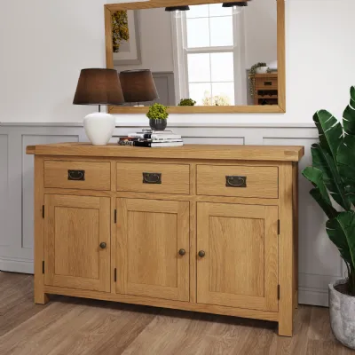 Large Rustic Oak Finish 3 Door 3 Drawer Sideboard