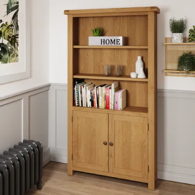 Oak Finish Large 2 Door Wooden Bookcase