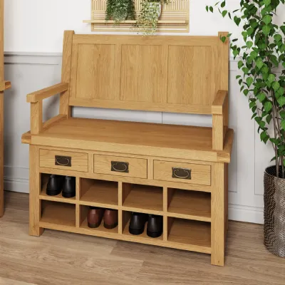 Rustic Oak Monks Bench with Shoe Rack