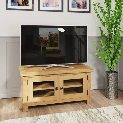 Rustic Oak Small TV Unit with 2 Glass Doors