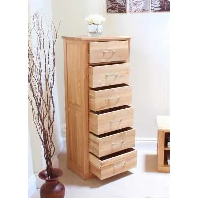 Light Oak Slim Tallboy 6 Drawer Tall Chest of Drawers Storage Chest