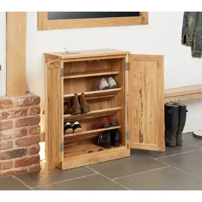 Solid Light Oak Shoe Storage Cupboard 2 Doors Slim Entrance Unit