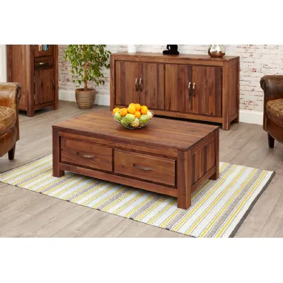 Dark Walnut Wood 4 Drawer Low Rectangular Coffee Table