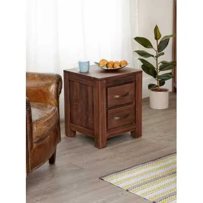 Solid Walnut Lamp Bedside Table 2 Drawers in Dark Wood Finish