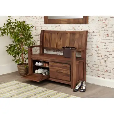 Dark Wood Solid Walnut Monks Bench Shoe Storage Cupboard Base Unit