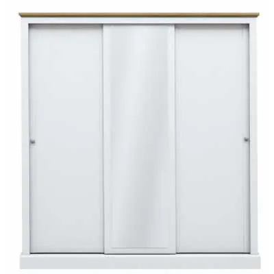 White Painted 3 Door Sliding Wardrobe Oak Effect Top with Centre Mirror 182x176cm