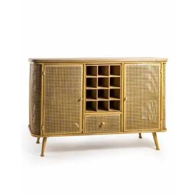 Gold Metal Rattan Sideboard with Wine Rack Wooden Top