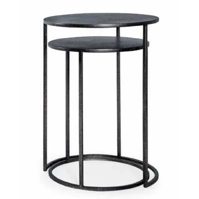 Nest of 2 Pewter Grey Metal Round Side Tables