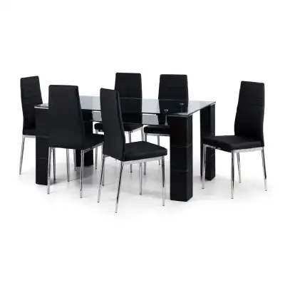 Modern Clear Glass Top Dining Table With Black Faux Leather Legs