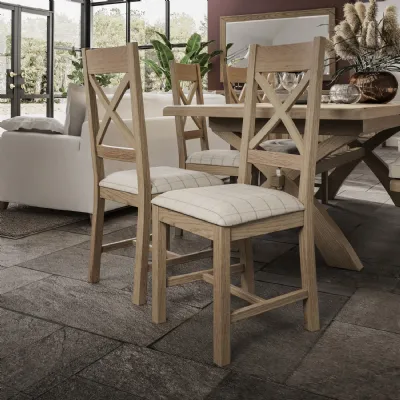 Oak Check Fabric Cross Back Dining Chair