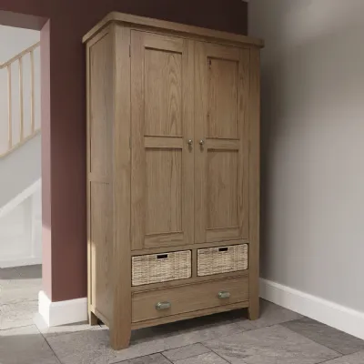 Large Tall Oak Double Larder Unit Wicker Drawers