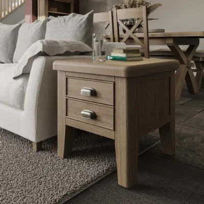 Chunky Smoked Oak Wood 2 Drawer Lamp Table