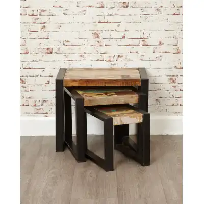 Rustic Reclaimed Wood Nest of 3 Tables Painted Black Metal Frame