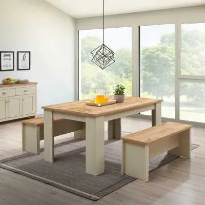 Cream Painted Oak Top Dining Table Set with 2 Benches 150cm Wide