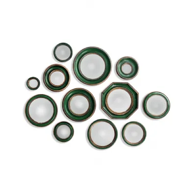 Set Of 12 Assorted Antique Green Gold Framed Convex Mirrors
