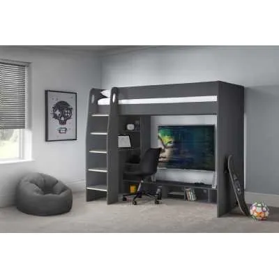 Anthracite Grey Oak Kids Children Modern Gaming High Sleeper Bed with Desk