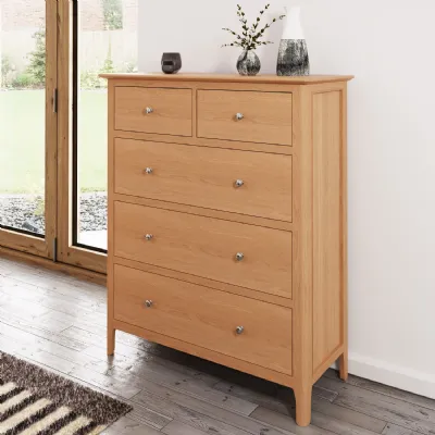 Oak Wood And Metal 2 Over 3 Chest of 5 Drawers