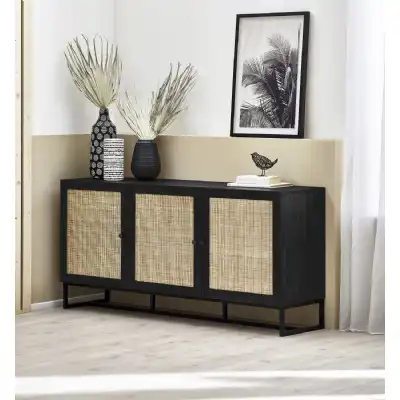 Large Black Sideboard 3 Rattan Doors 160cm Wide