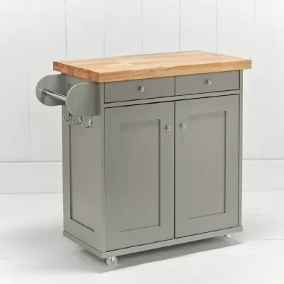 Grey Painted Wooden Top Kitchen Island Unit on Wheels