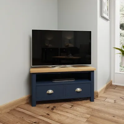 Oak Top Navy Blue Painted Corner TV Unit