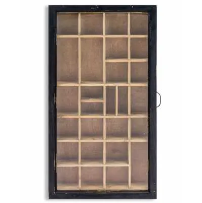 Antiqued Black Wooden Wall Display Cabinet Glass Door