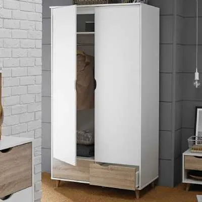 Matt White and Oak 2 Door 2 Drawer Wardrobe Scandinavian Style Two Tone