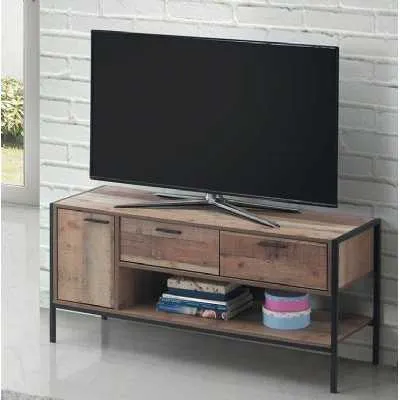 TV Unit Cabinet Rustic Medium Oak Effect Matt Black Metal Frame 2 Drawers 1 Door