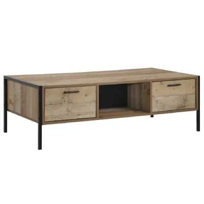 Rustic Industrial Medium Oak Effect Coffee Table 4 Drawer Black Metal Framed