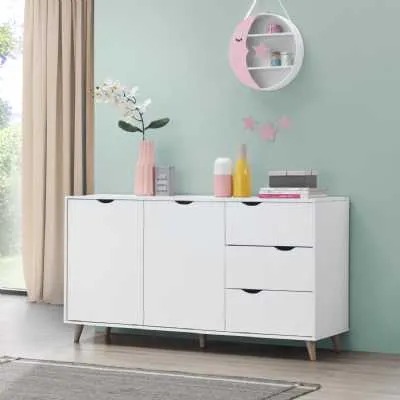 White Large Modern 2 Door 3 Drawer Sideboard Scandinavian Style with Light Oak Legs