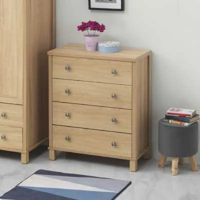 Modern Style Oak Wood 4 Drawer Living Room Chest With Metal Knobs 93 x 80cm