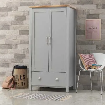 Traditional Grey and Oak Top 2 Door Bedroom Wardrobe With Metal Handles 200 x 90cm