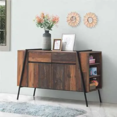 Rustic Oak Wood Large 2 Door 2 Drawer Sideboard Tubular Metal Framed